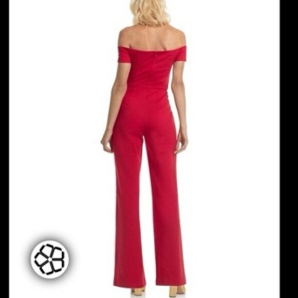 Trina Turk Aviana Jumpsuit Red Off The Shoulder Wide Leg Stretch Pants 12 NEW - Picture 3 of 9